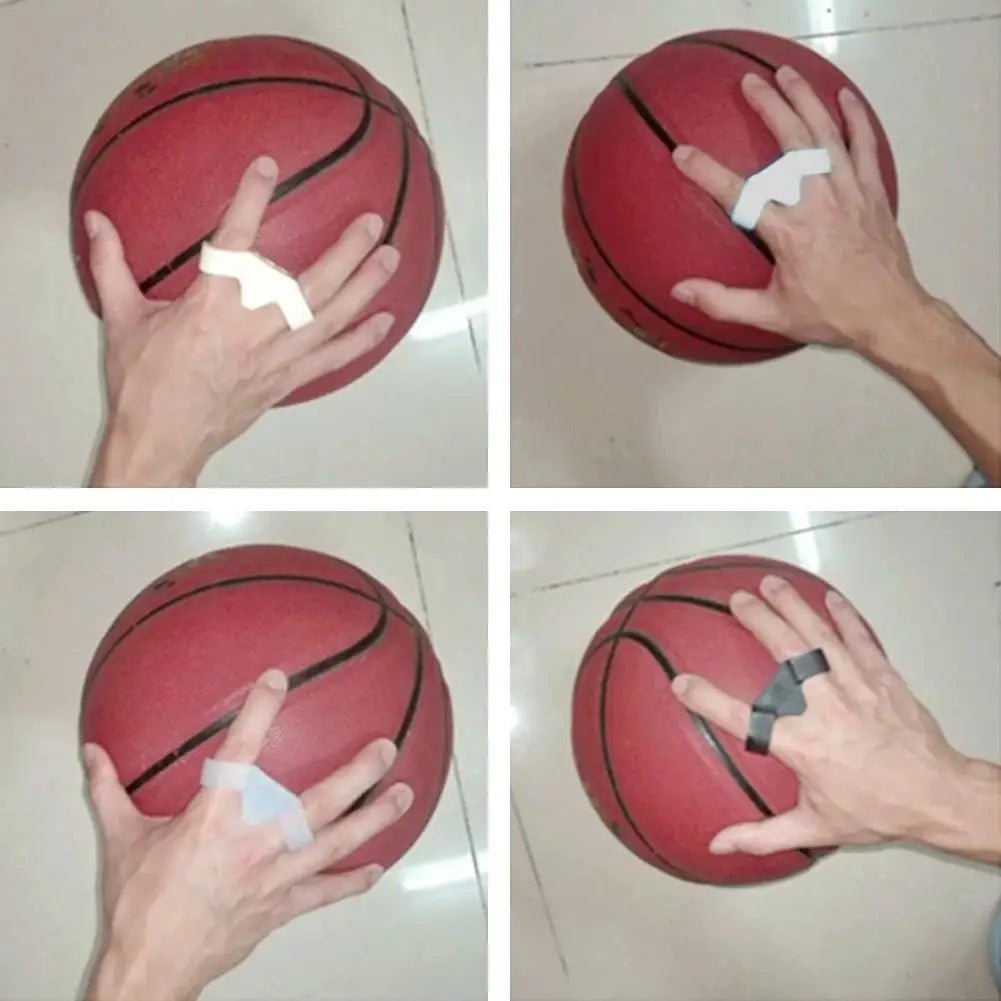 Hand with AimAssist Shooting Trainer on basketball, showcasing its use for improving shot accuracy and alignment in basketball training.