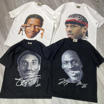 Graphic t-shirts featuring iconic basketball legends and hip-hop artists, available in black and white.