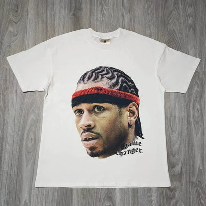 Graphic t-shirts featuring iconic basketball legends and hip-hop artists, available in black and white.