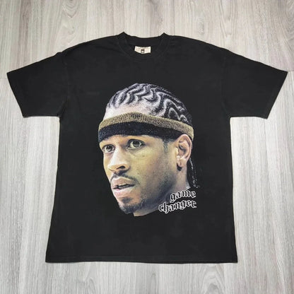 Graphic t-shirts featuring iconic basketball legends and hip-hop artists, available in black and white.