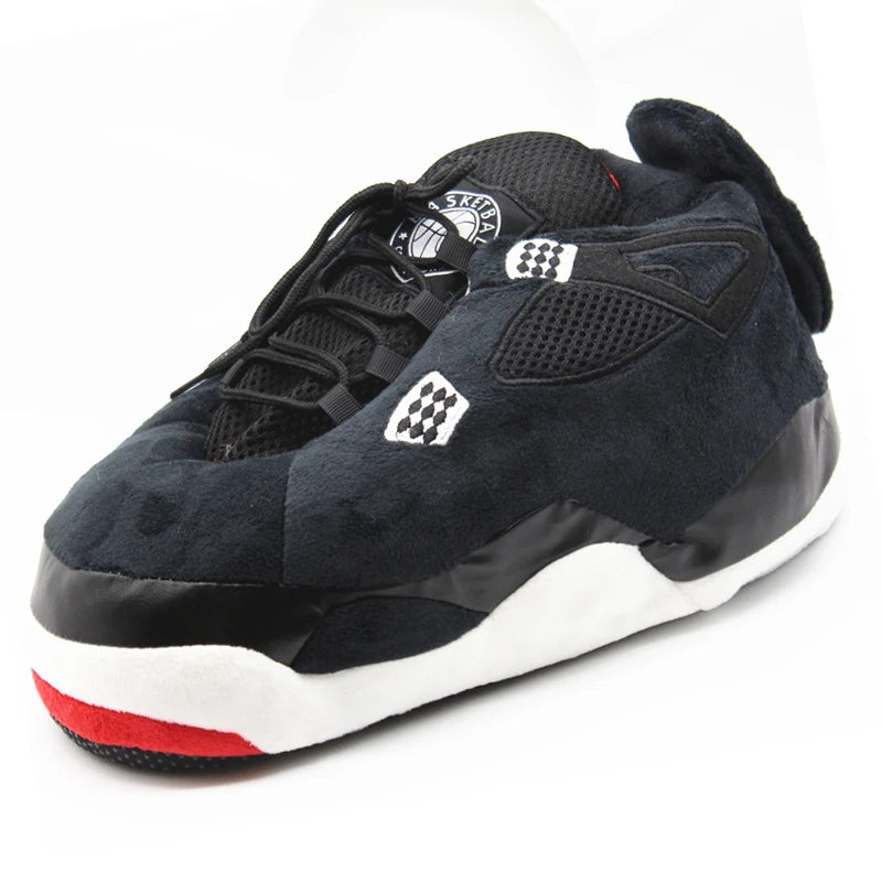 Cozy basketball sneaker-themed slippers in red, black, and white colors, designed for maximum comfort.