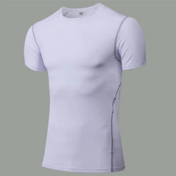 Men's white compression shirt for fitness and workout support.