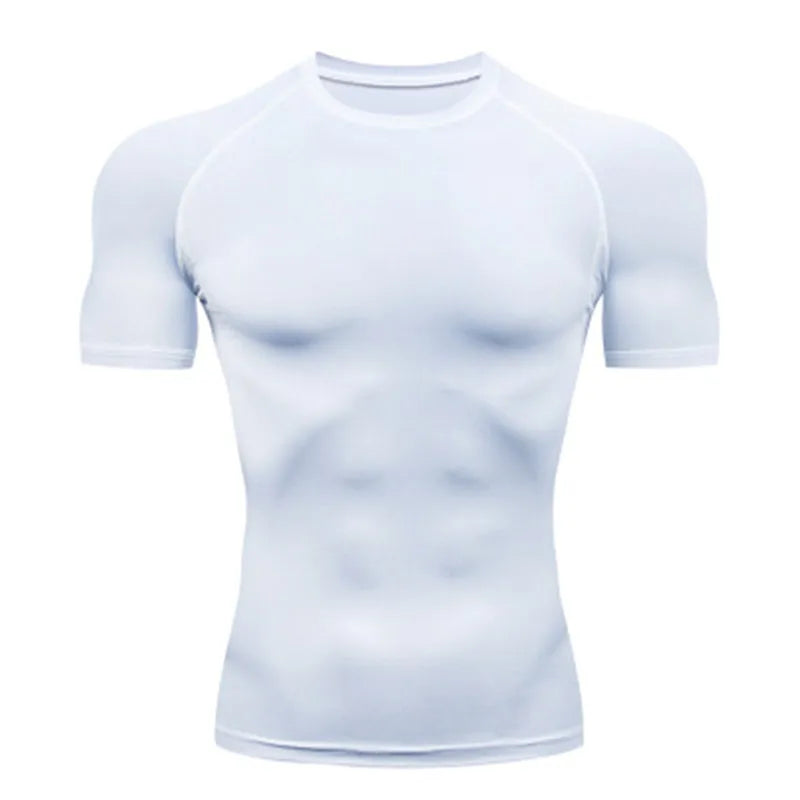 Men's white compression shirt for fitness and workout support.