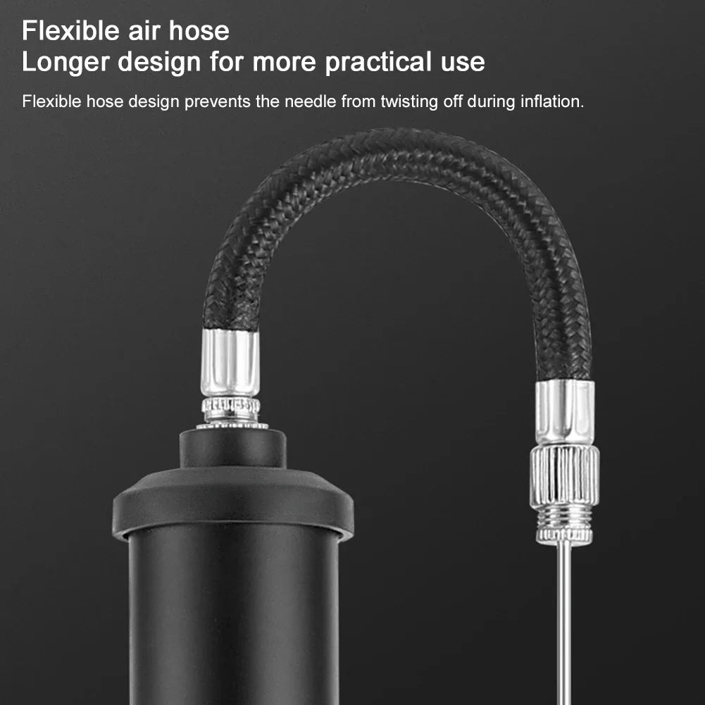 Flexible air hose with extended design for secure inflation – prevents needle twisting during use