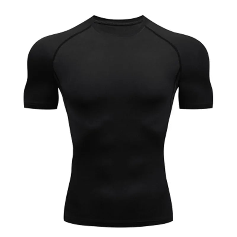 Men's black compression shirt for fitness and workout support.