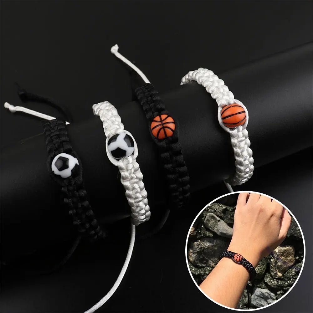 Paracord bracelet with a central basketball bead, available in black and white, perfect for sports fans and athletes seeking a stylish accessory.