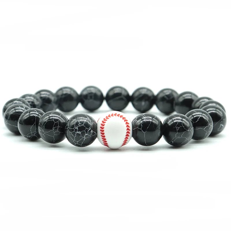 Black beaded bracelet featuring a central baseball bead, perfect for sports fans and athletes looking for a stylish accessory.