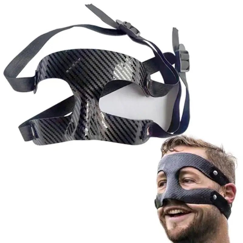 Carbon fiber basketball face protection mask with adjustable straps, designed to prevent injuries during intense sports activities.