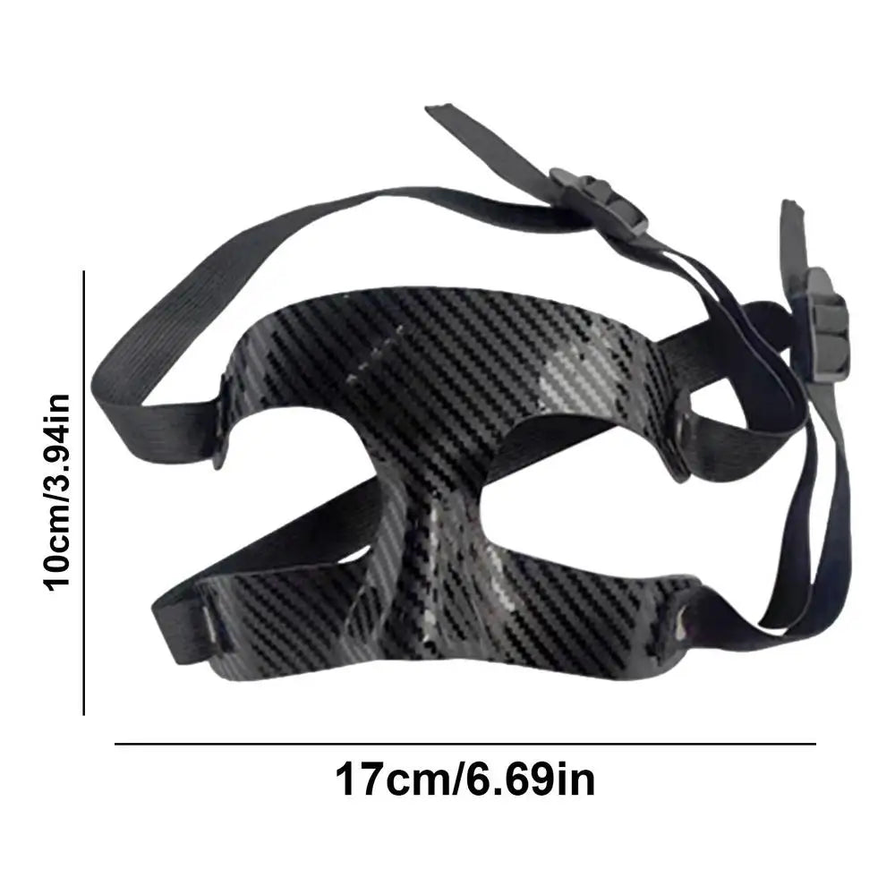 Carbon fiber basketball face protection mask with adjustable straps, designed to prevent injuries during intense sports activities.