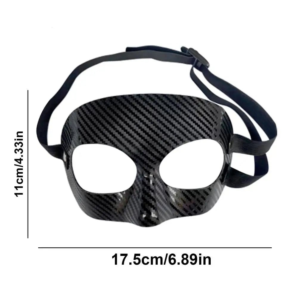 Carbon fiber basketball face protection mask with adjustable straps, designed to prevent injuries during intense sports activities.