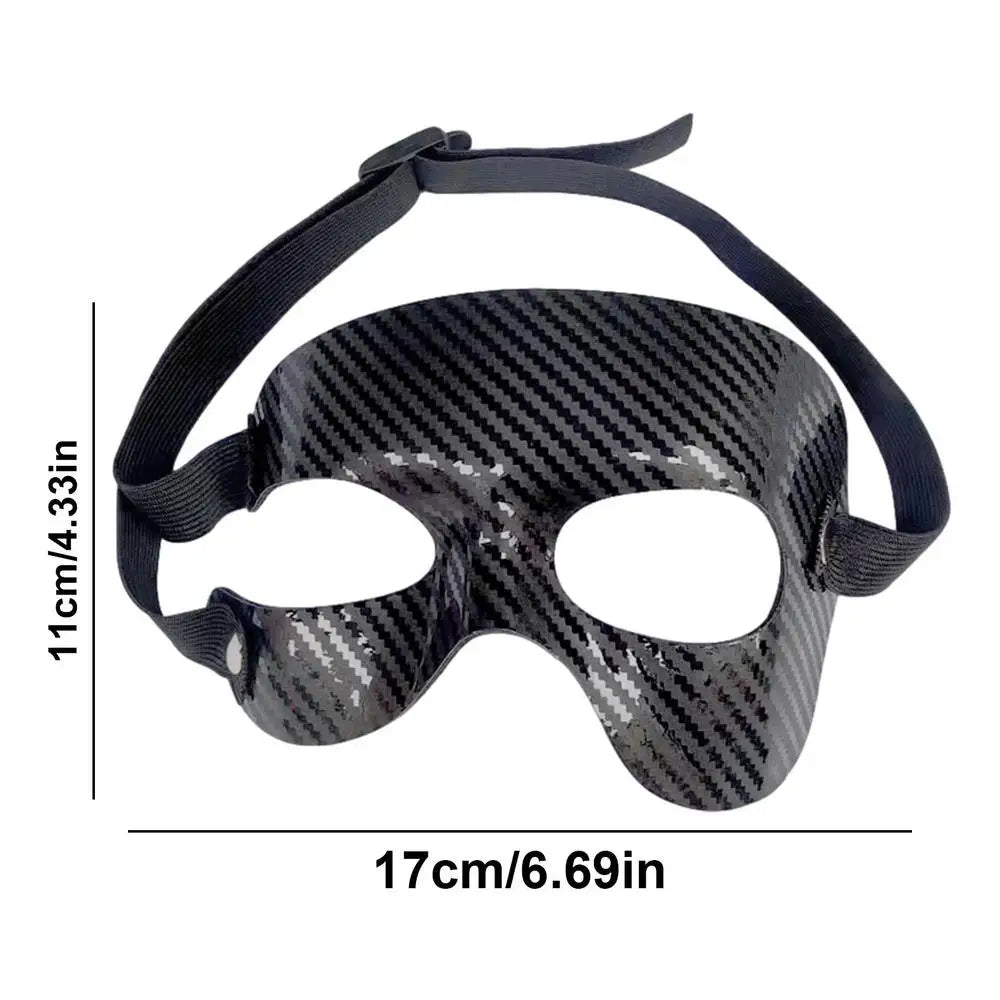 Carbon fiber basketball face protection mask with adjustable straps, designed to prevent injuries during intense sports activities.