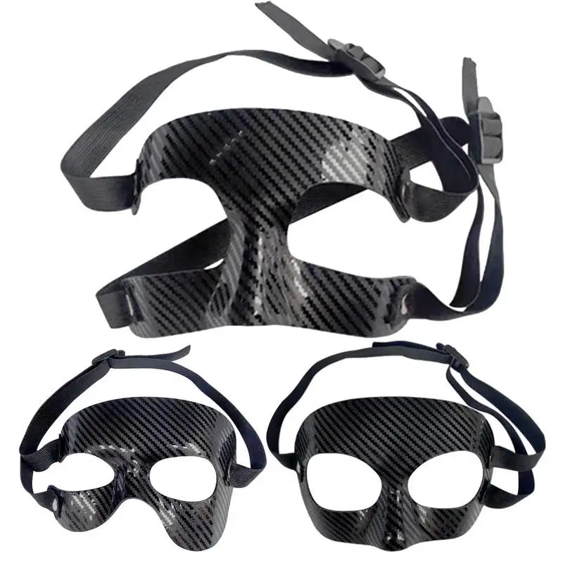 Carbon fiber basketball face protection mask with adjustable straps, designed to prevent injuries during intense sports activities.