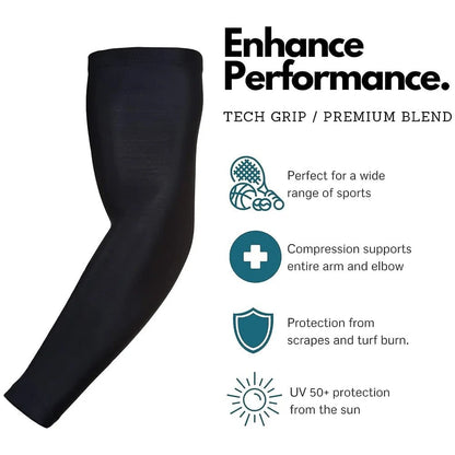 Multi-color compression arm sleeves for sports protection, featuring breathable and stretchable material. Ideal for basketball, running, and other outdoor activities to enhance performance and provide UV protection. Available in red, white, black, and blue for a stylish and comfortable fit