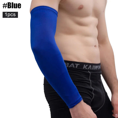 Multi-color compression arm sleeves for sports protection, featuring breathable and stretchable material. Ideal for basketball, running, and other outdoor activities to enhance performance and provide UV protection. Available in red, white, black, and blue for a stylish and comfortable fit