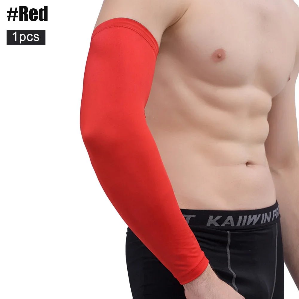 Multi-color compression arm sleeves for sports protection, featuring breathable and stretchable material. Ideal for basketball, running, and other outdoor activities to enhance performance and provide UV protection. Available in red, white, black, and blue for a stylish and comfortable fit