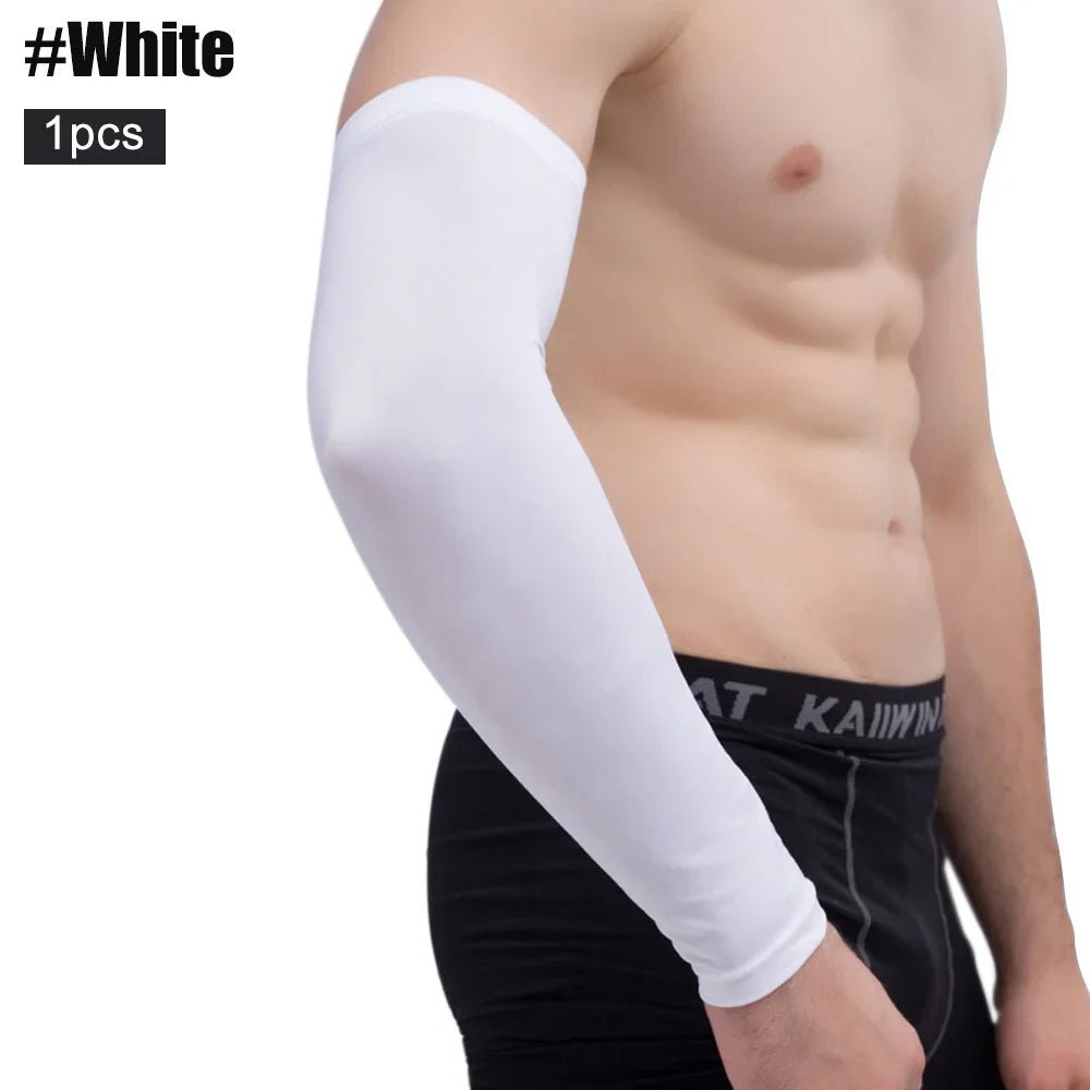 Multi-color compression arm sleeves for sports protection, featuring breathable and stretchable material. Ideal for basketball, running, and other outdoor activities to enhance performance and provide UV protection. Available in red, white, black, and blue for a stylish and comfortable fit