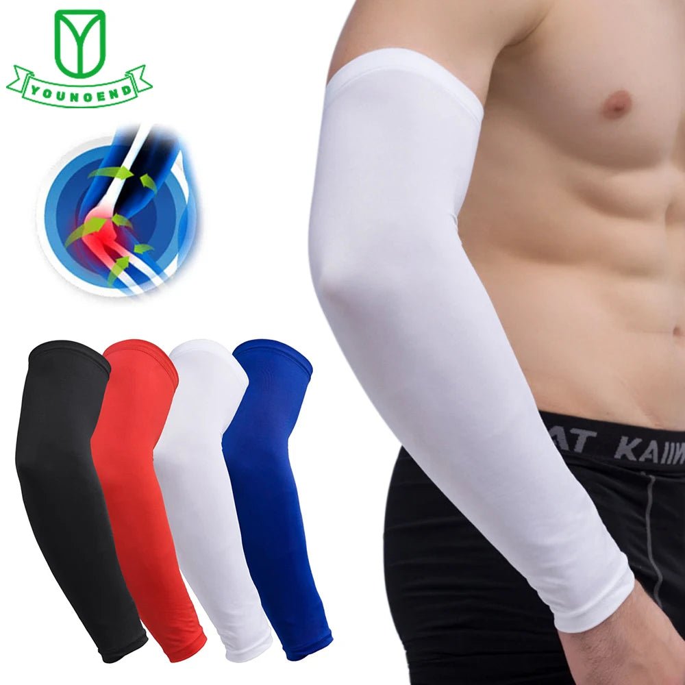 Multi-color compression arm sleeves for sports protection, featuring breathable and stretchable material. Ideal for basketball, running, and other outdoor activities to enhance performance and provide UV protection. Available in red, white, black, and blue for a stylish and comfortable fit