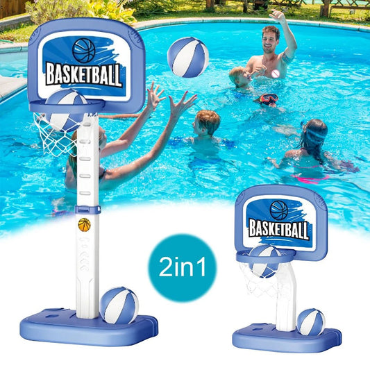 Basketball and Hoop for Pool: People enjoy a pool game with a floating basketball hoop, perfect for summer fun and parties.