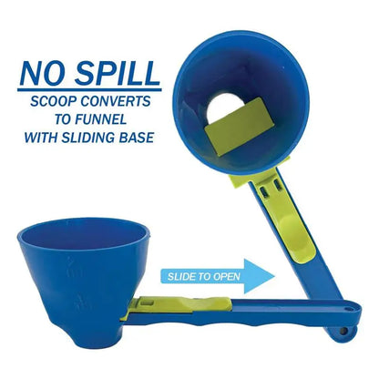 No-spill protein powder funnel with sliding base for easy bottle filling, converts from scoop to funnel to prevent spills and mess.