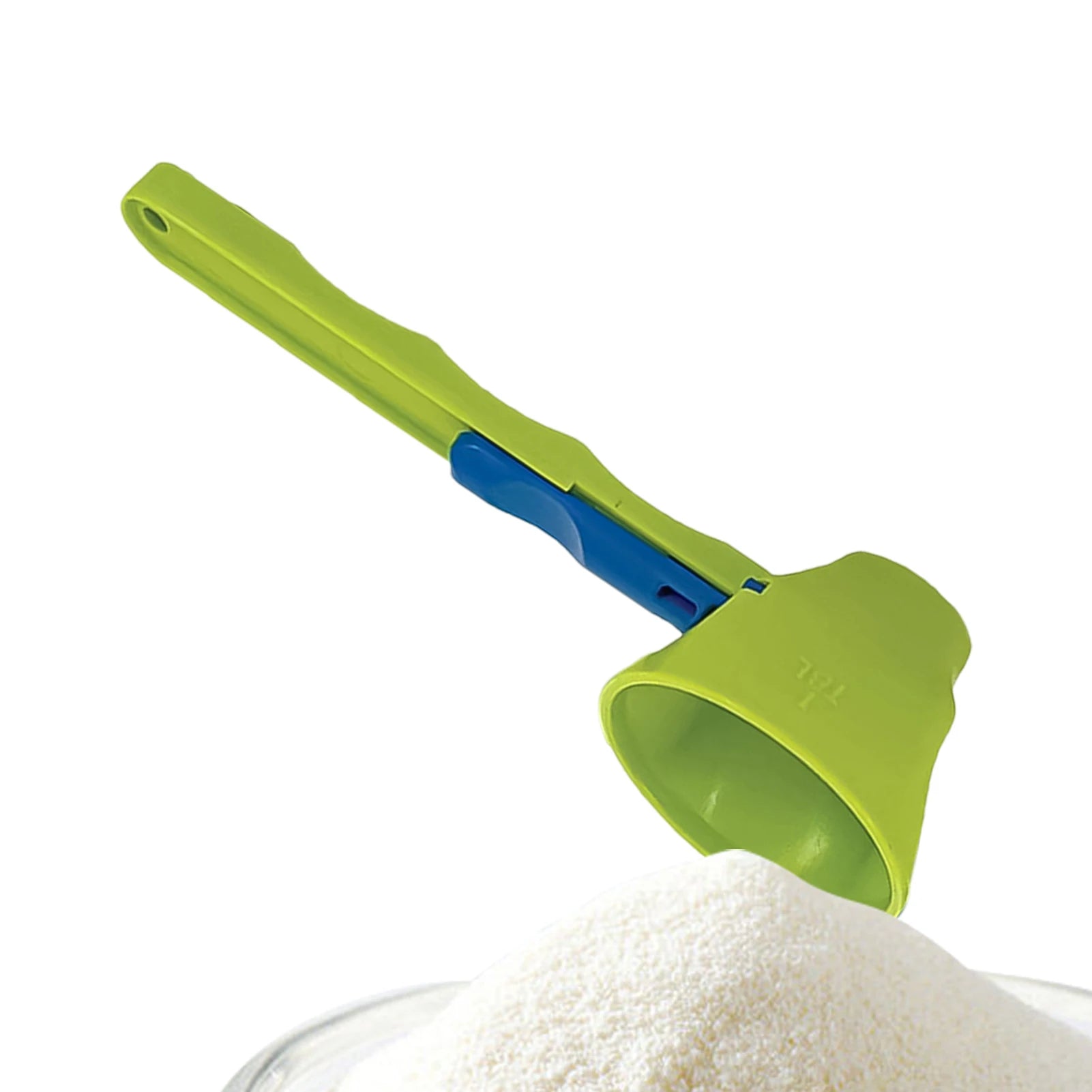 No-spill protein powder funnel with sliding base for easy bottle filling, converts from scoop to funnel to prevent spills and mess.