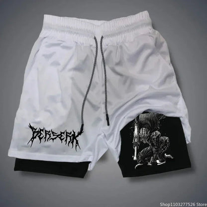 White basketball shorts featuring unique graphic designs and black accents, ideal for sports and casual wear